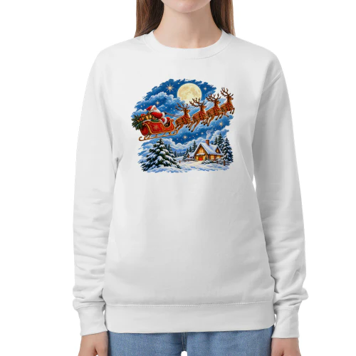 Vintage Santa Claus Flying Sleigh Christmas T-Shirt, Magical Winter Wonderland Flying Reindeer Hoodie1