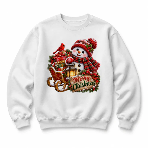 Cute Snowman Merry Christmas Sleigh Graphic Tee, Vintage Holiday Winter Wonderland Gift Apparel