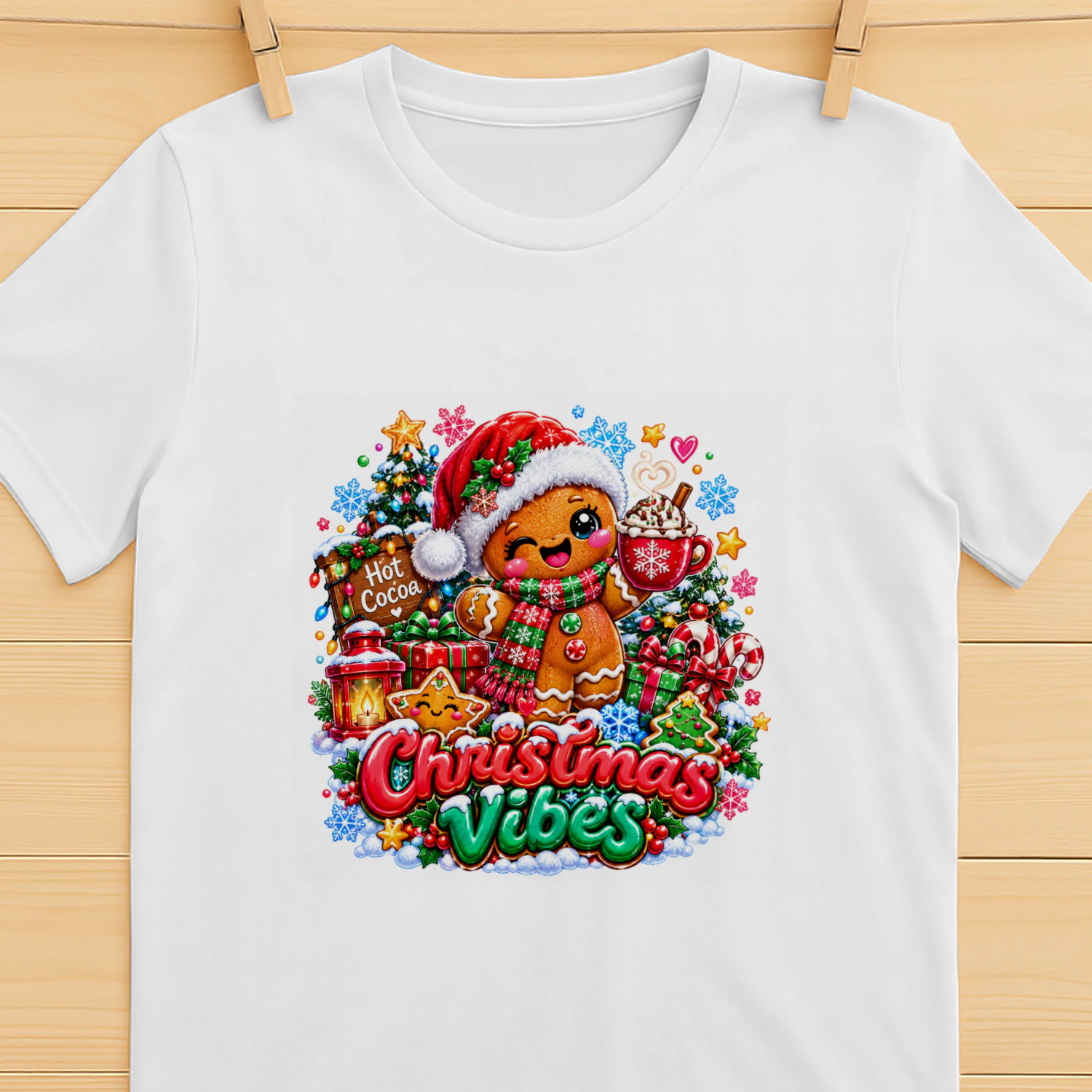 Cute Gingerbread Man Christmas Vibes T-Shirt, Hot Cocoa Holiday Season Festive Hoodie
