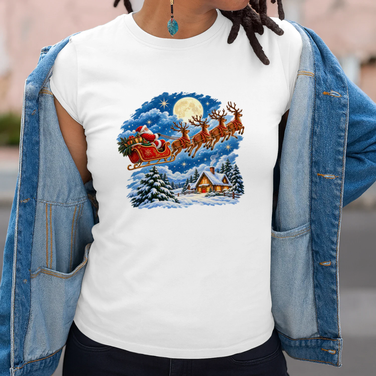 Vintage Santa Claus Flying Sleigh Christmas T-Shirt, Magical Winter Wonderland Flying Reindeer Hoodie