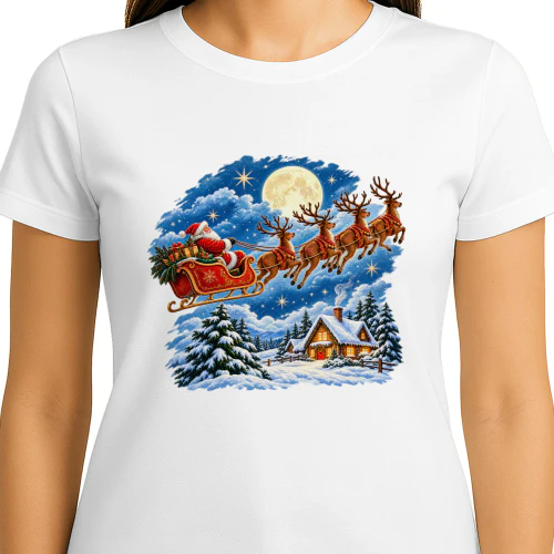Vintage Santa Claus Flying Sleigh Christmas T-Shirt, Magical Winter Wonderland Flying Reindeer Hoodie
