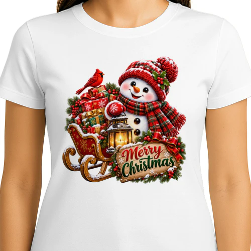 Cute Snowman Merry Christmas Sleigh Graphic Tee, Vintage Holiday Winter Wonderland Gift Apparel-1