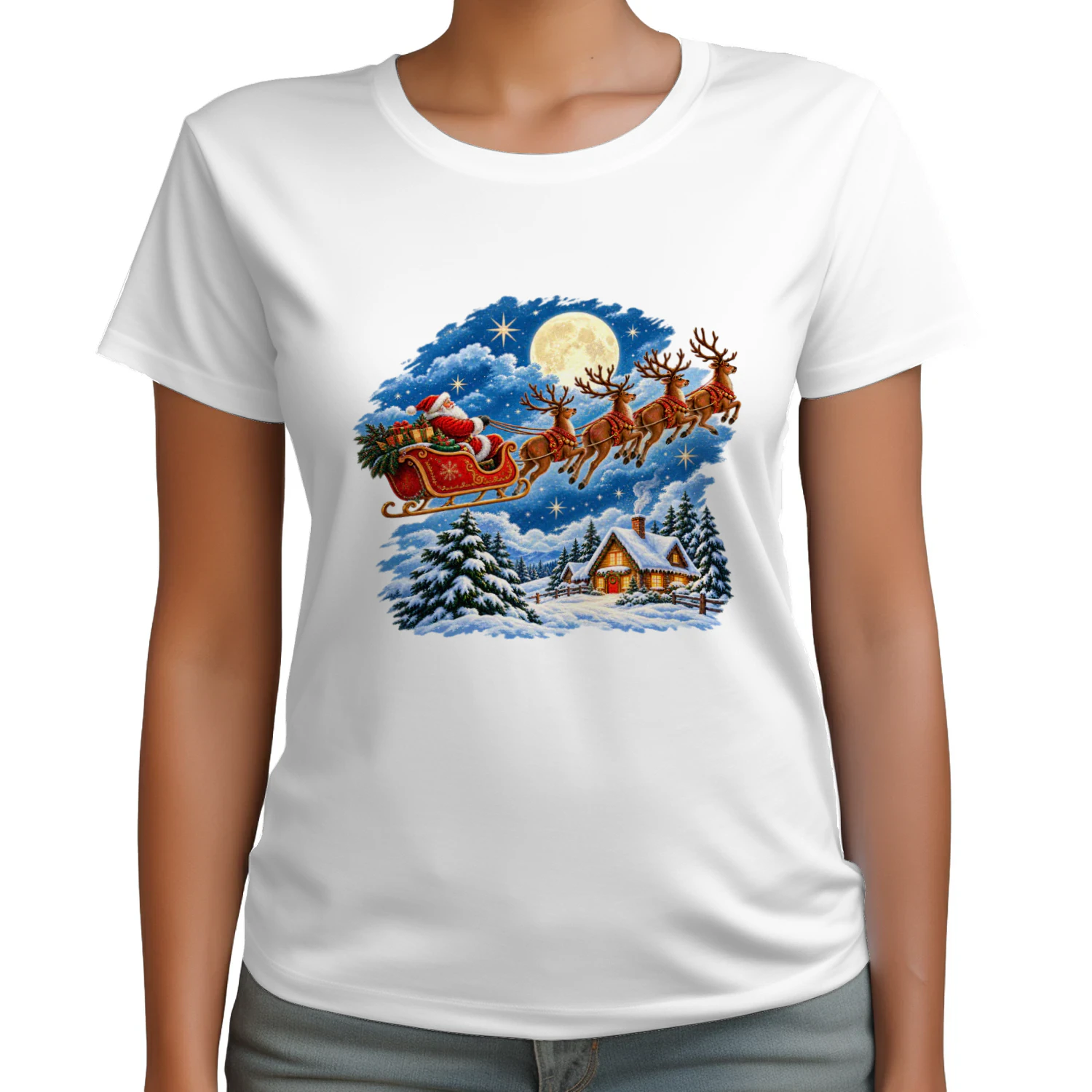 Vintage Santa Claus Flying Sleigh Christmas T-Shirt, Magical Winter Wonderland Flying Reindeer Hoodie