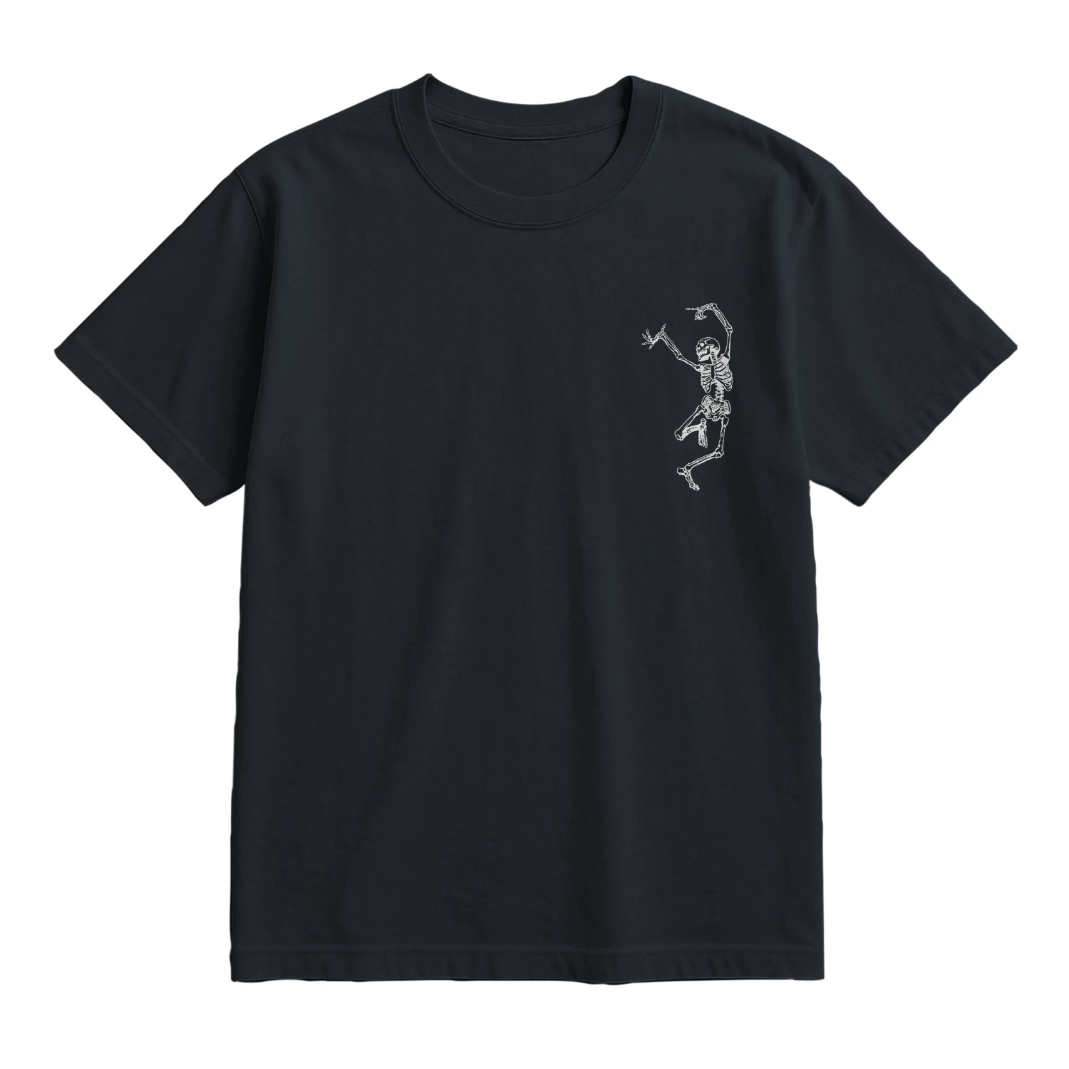 A beautifully rendered dancing skeleton paired with an existential, dark-humor quote that gets people talking.