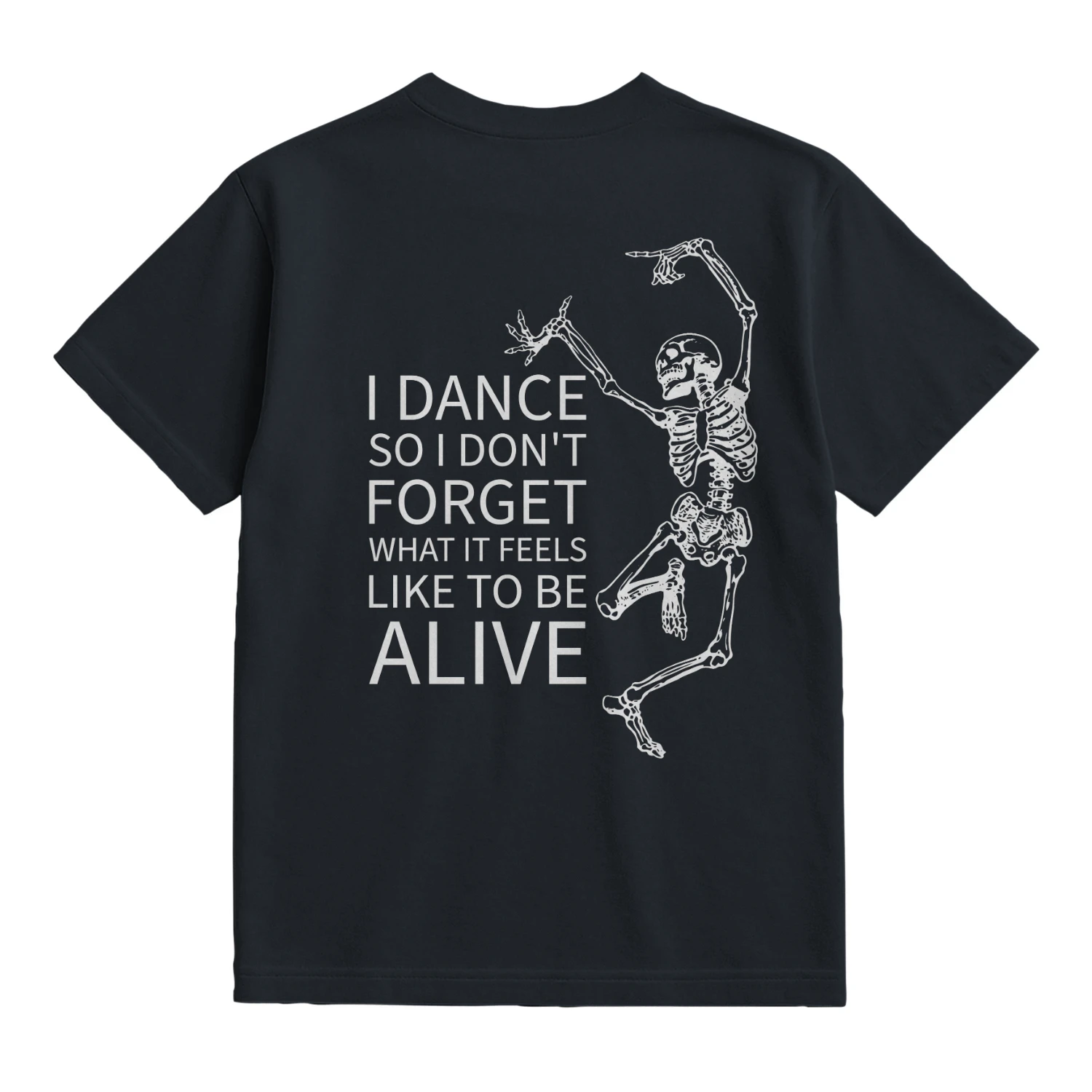 A beautifully rendered dancing skeleton paired with an existential, dark-humor quote that gets people talking.