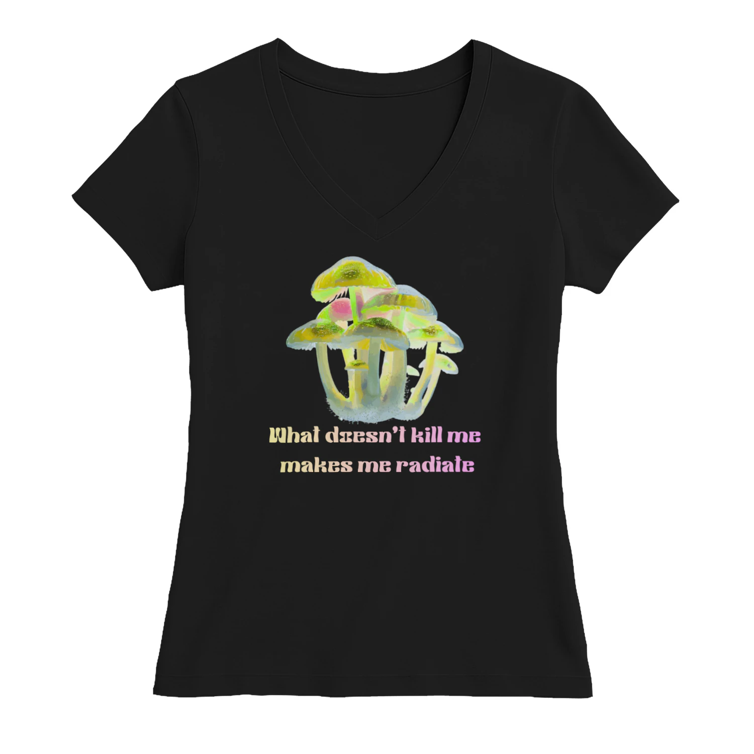 ​Psychedelic Mushroom V-Neck T-Shirt, What Doesn't Kill Me Makes Me Radiate Shirt, Cottagecore Goth Aesthetic Tee, Trippy Bioluminescent Shroom Graphic Shirt