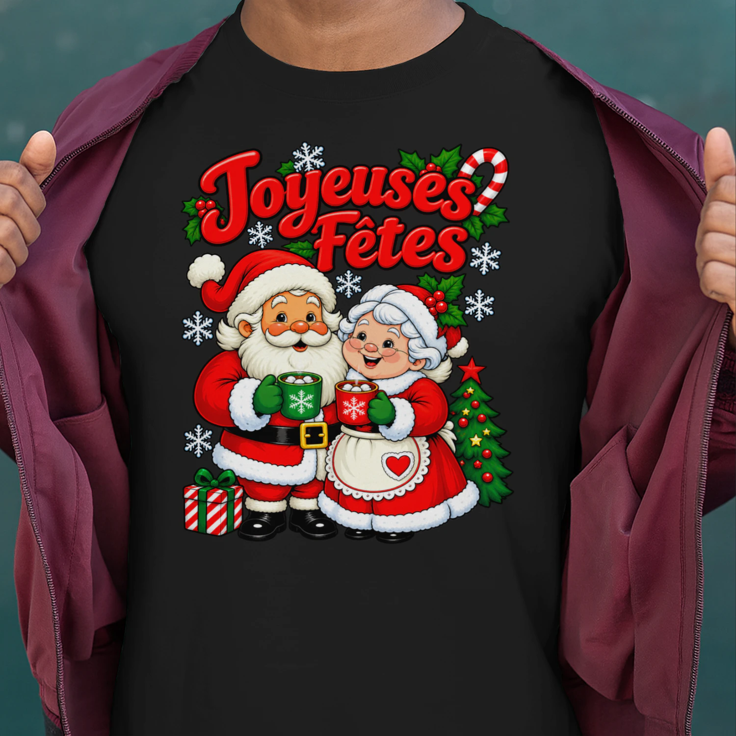 T-shirt Joyeuses Fêtes – Père Noël et Mère Noël avec Chocolat Chaud – Cadeau de Noël