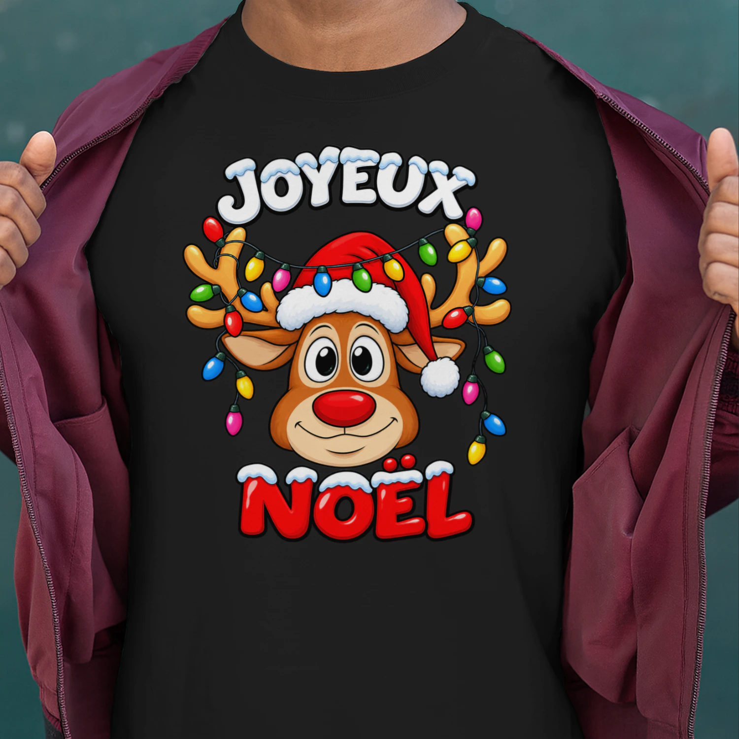 T-shirt Joyeux Noël – Renne de Noël Mignon avec Guirlandes Lumineuses – Cadeau Festif