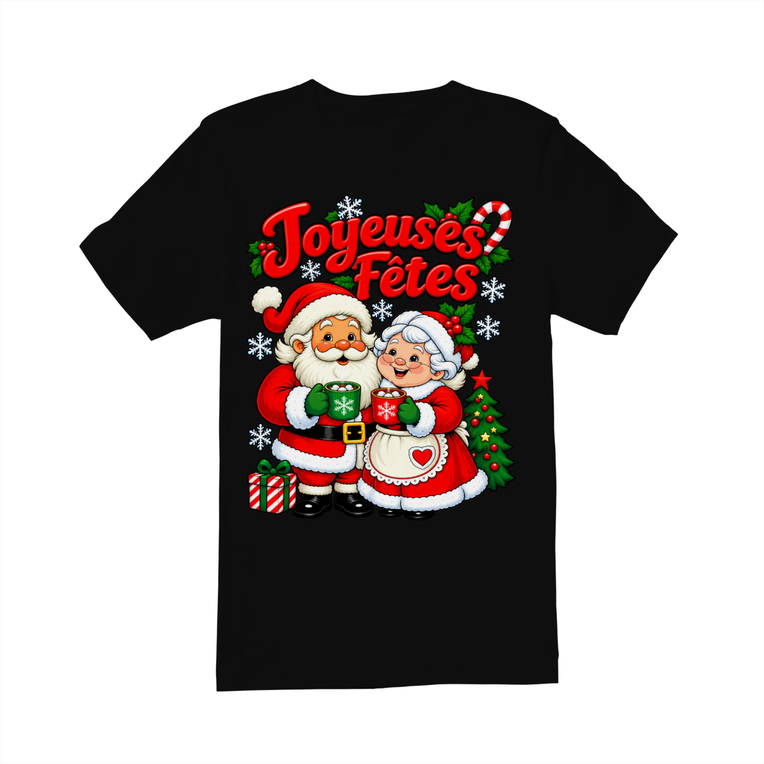 T-shirt Joyeuses Fêtes – Père Noël et Mère Noël avec Chocolat Chaud – Cadeau de Noël