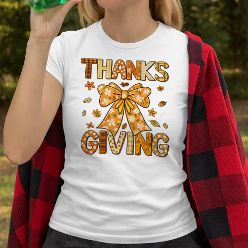 Cute Coquette Bow Thanksgiving T-Shirt, Autumn Thankful Shirt, Viva Store® Tee