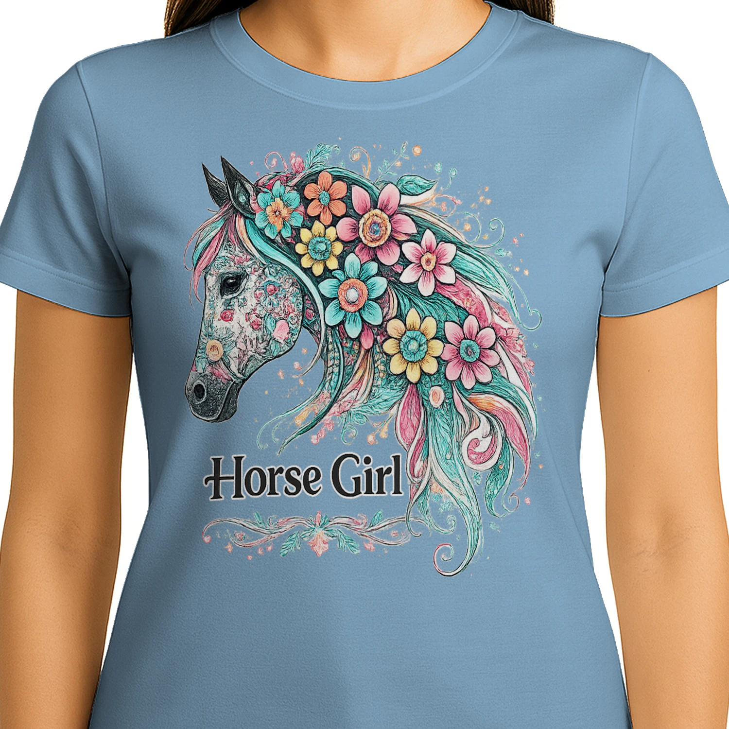 Equestrian Horse Girl T-Shirt, Floral Horse Head Graphic, Viva Store®