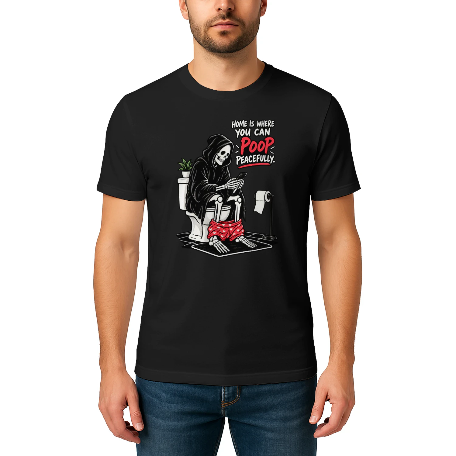 Unisex T-shirt | Poop in Peace Skeleton Humor — Get Yours Today