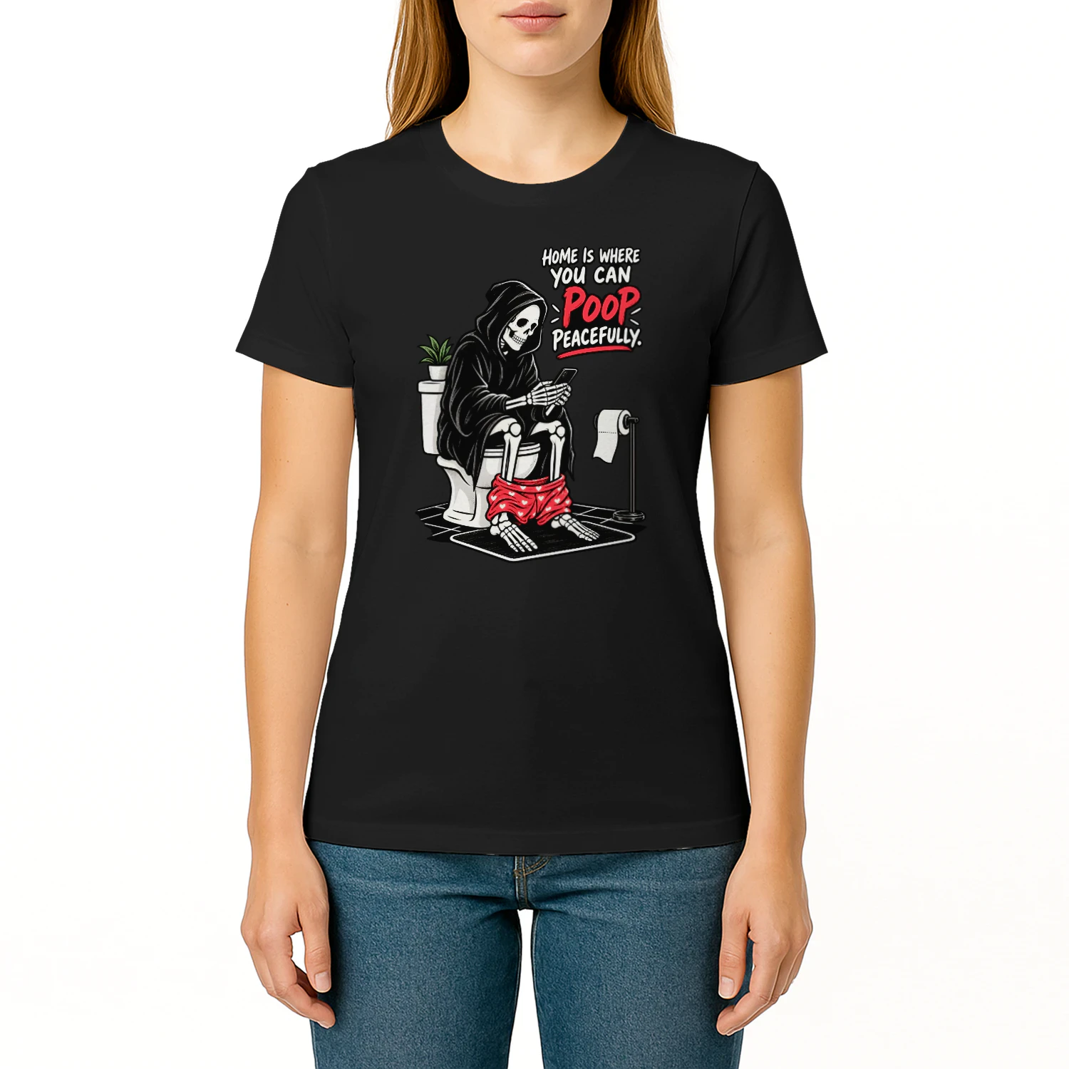 Unisex T-shirt | Poop in Peace Skeleton Humor — Get Yours Today