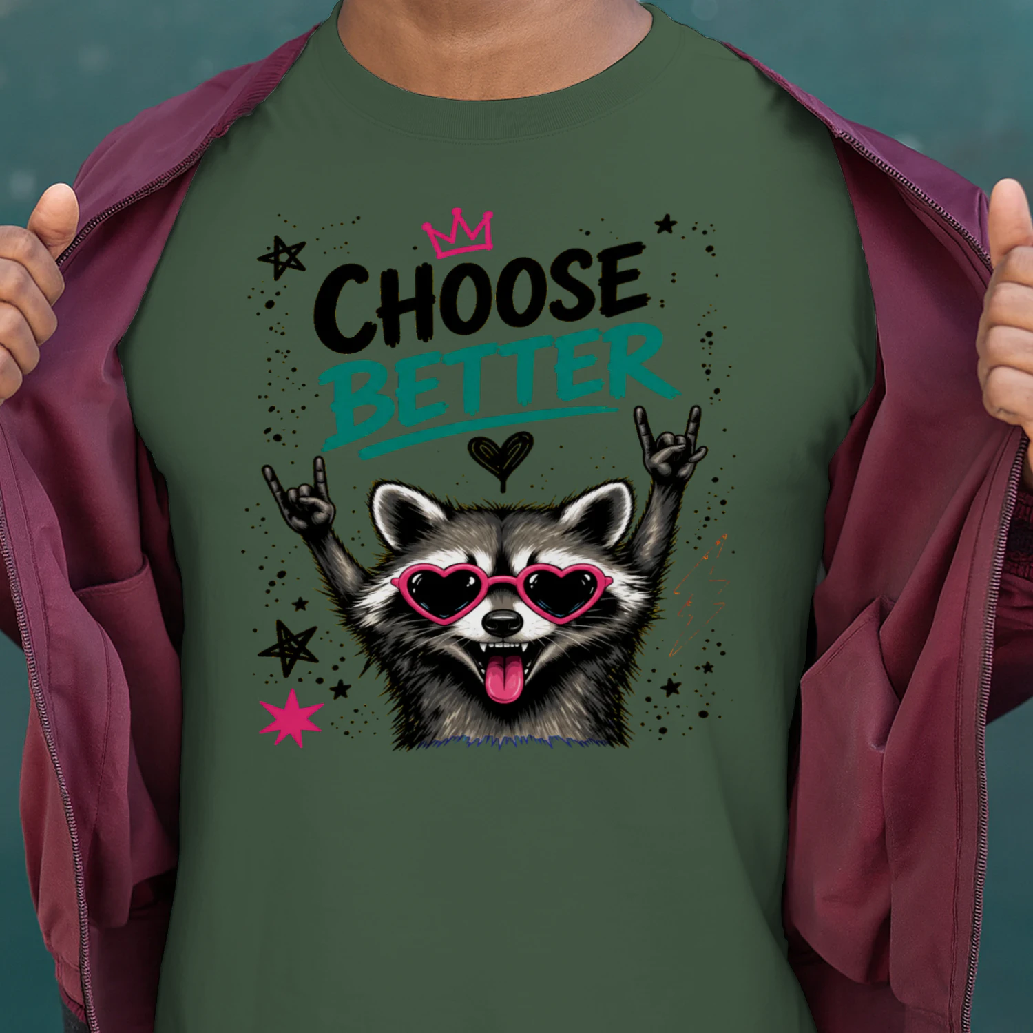 Funny Raccoon Heart Glasses - Choose Better Retro Animal Shirt