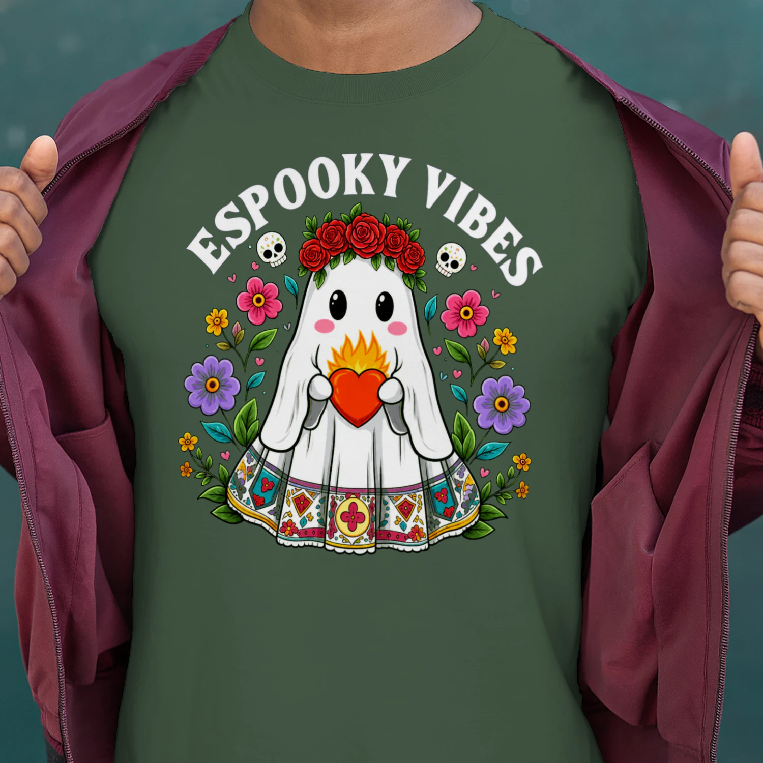 Espooky Vibes Ghost Shirt - Floral Crown Mexican Halloween Tee