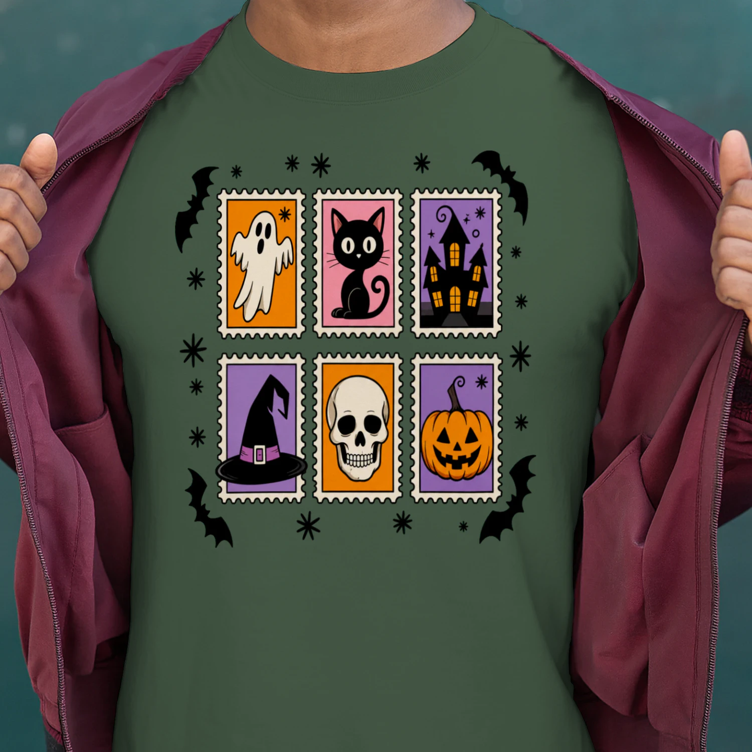 Vintage Halloween Stamps Shirt - Retro Spooky Icons Graphic Tee