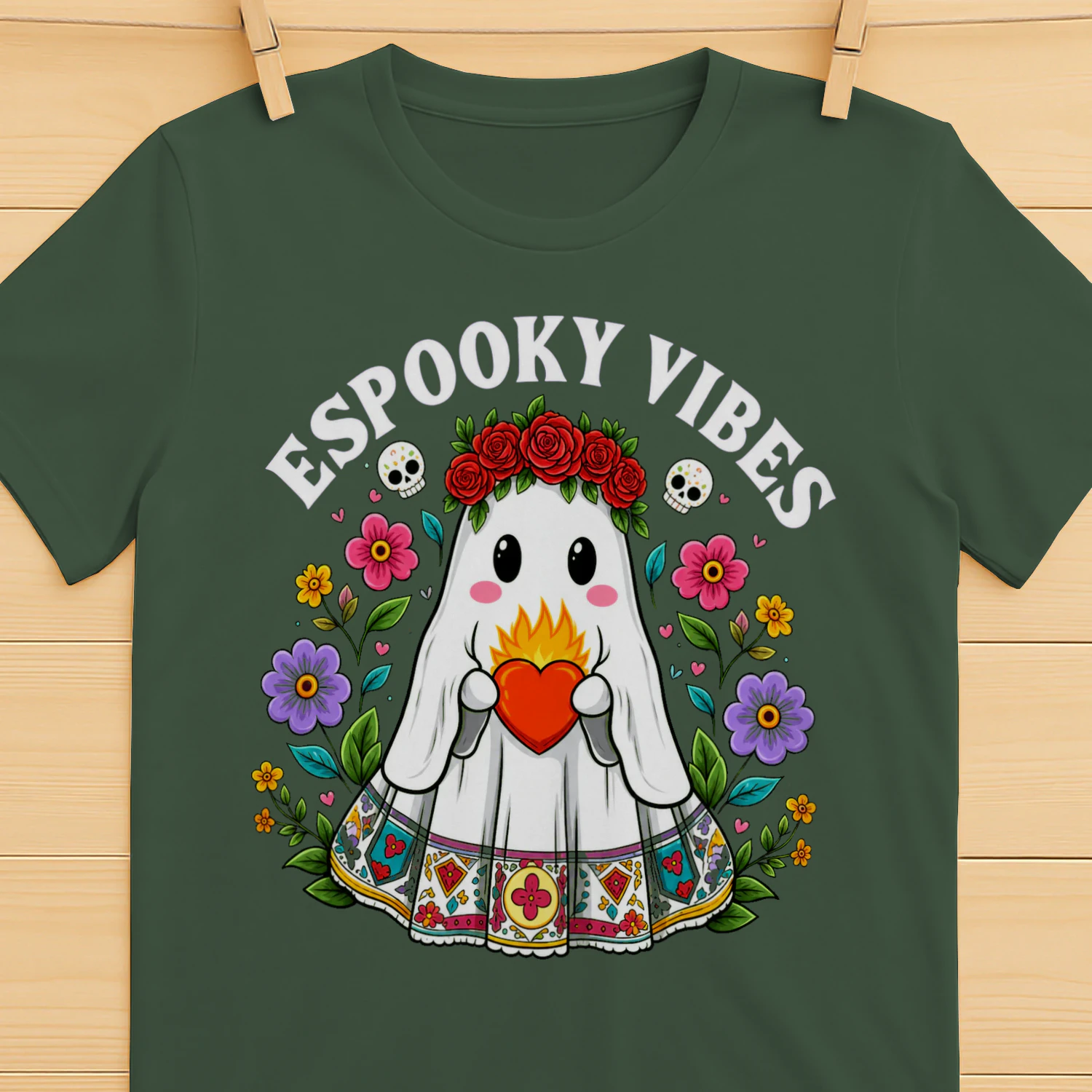 Espooky Vibes Ghost Shirt - Floral Crown Mexican Halloween Tee