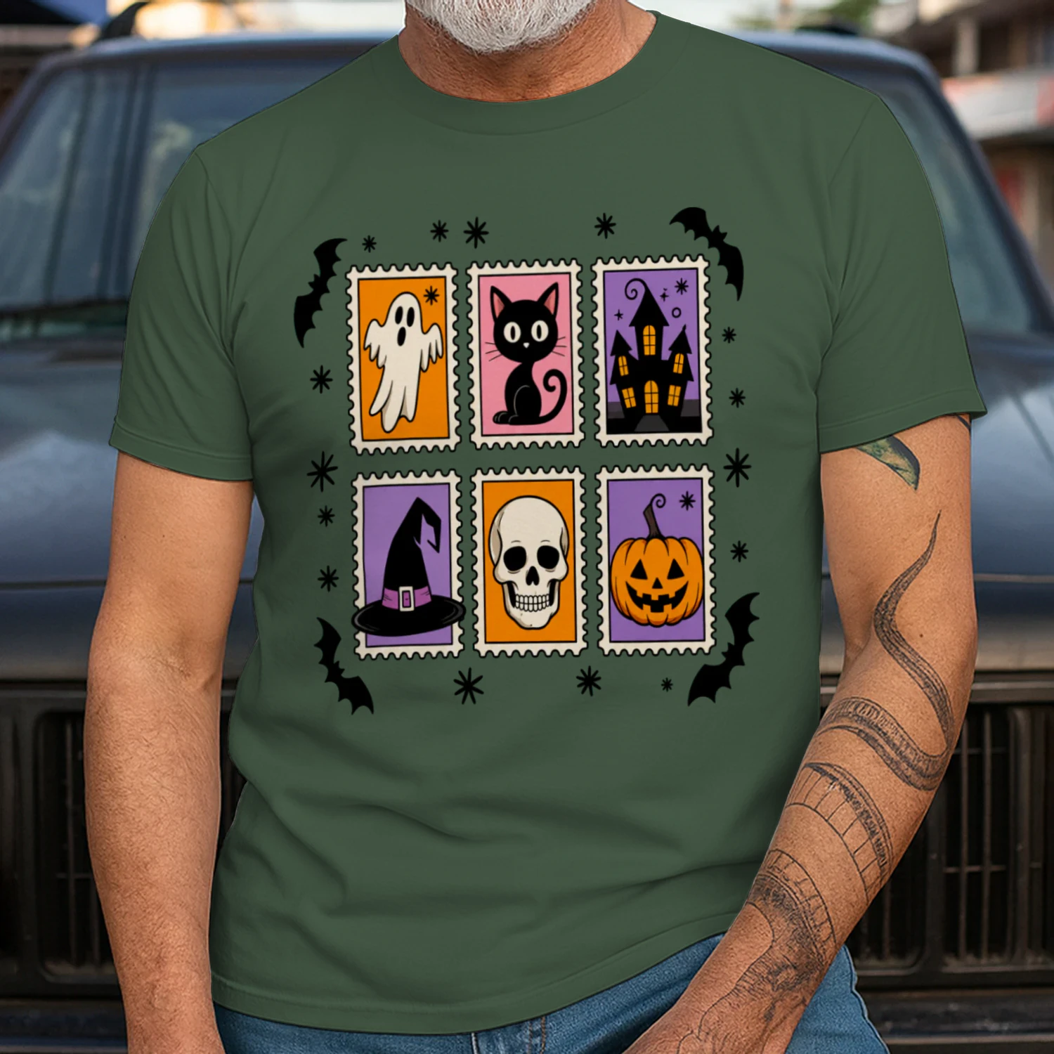 Vintage Halloween Stamps Shirt - Retro Spooky Icons Graphic Tee