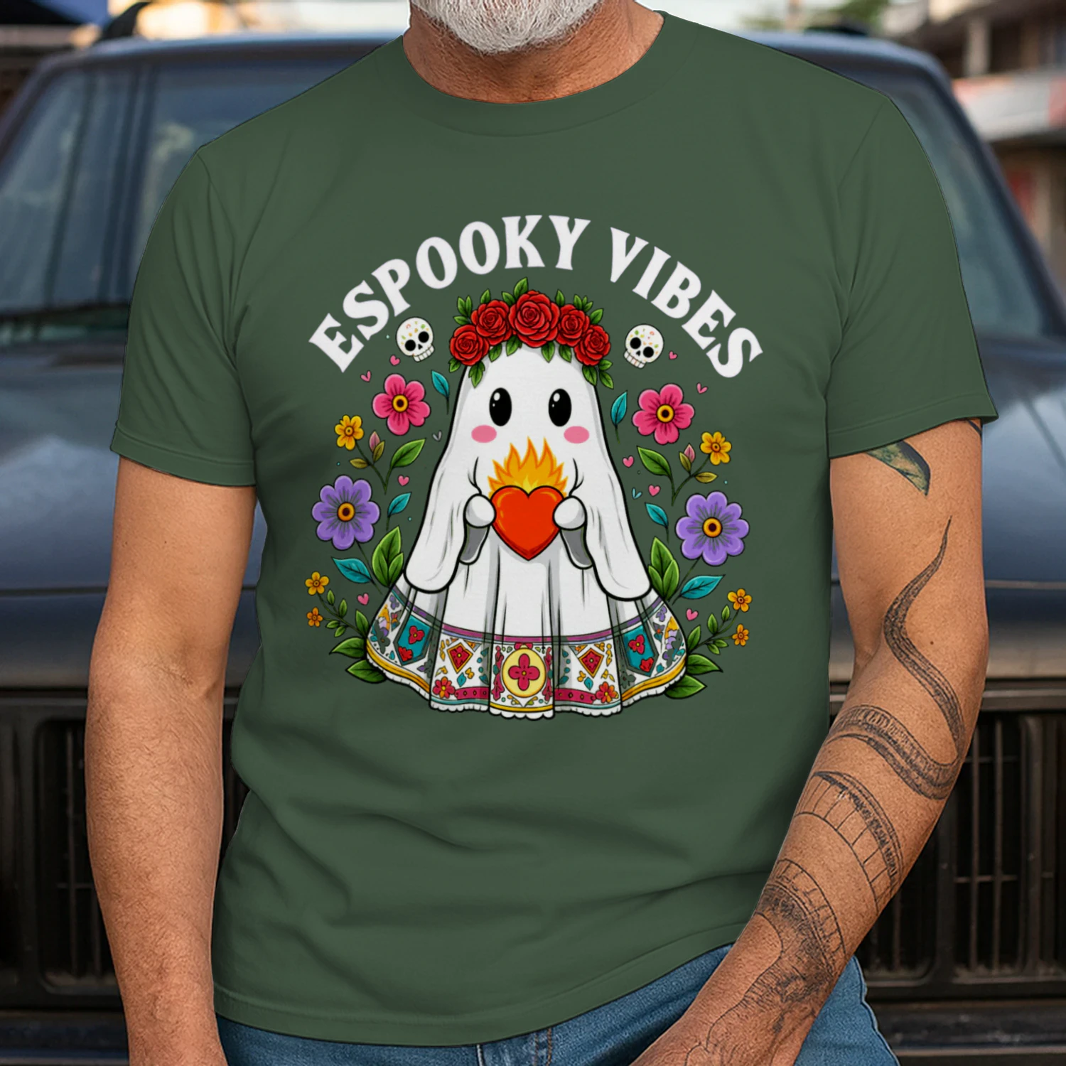 Espooky Vibes Ghost Shirt - Floral Crown Mexican Halloween Tee