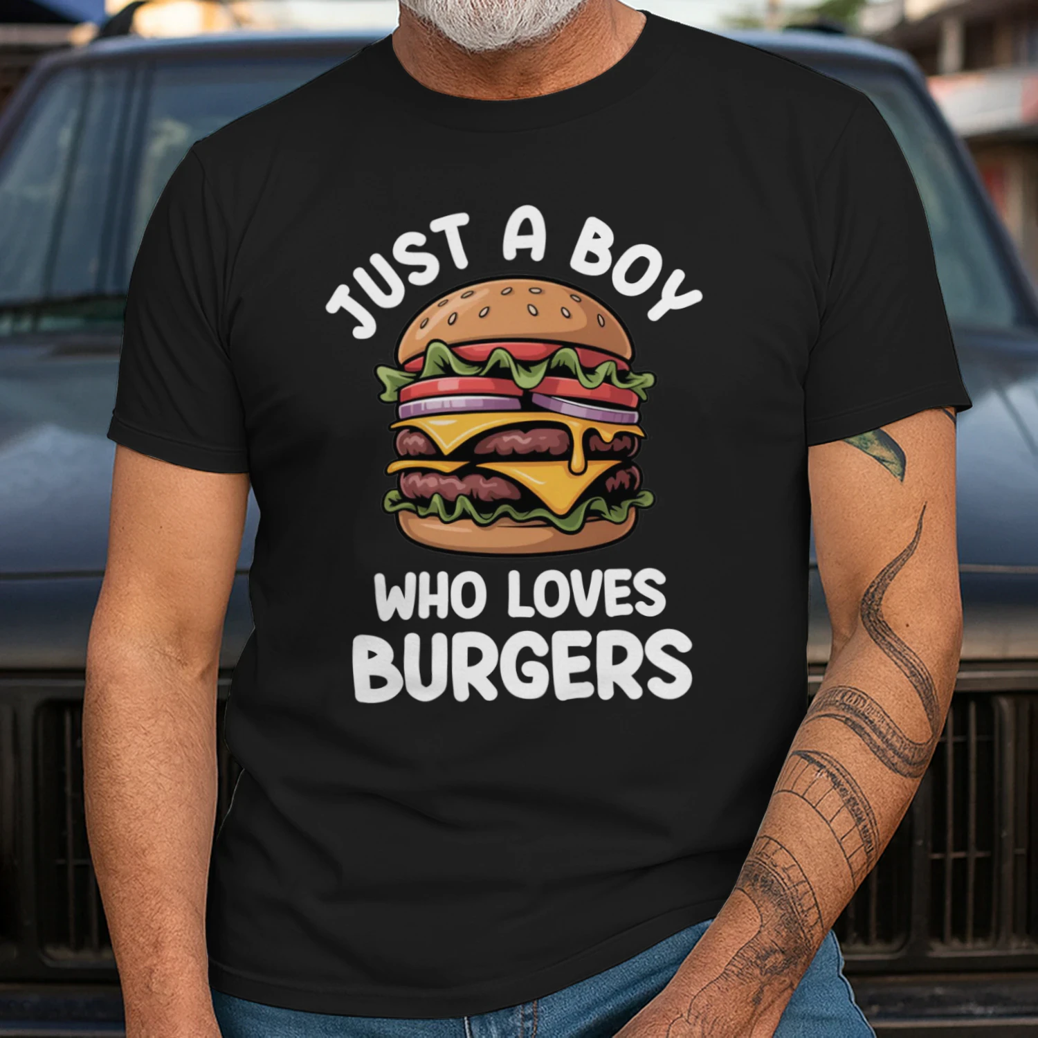 Just a Boy Who Loves Burgers, Burger Lover Shirt, Hamburger Graphic Tee, Fast Food Lover Gift, Cheeseburger Shirt, BBQ Lovers Shirt