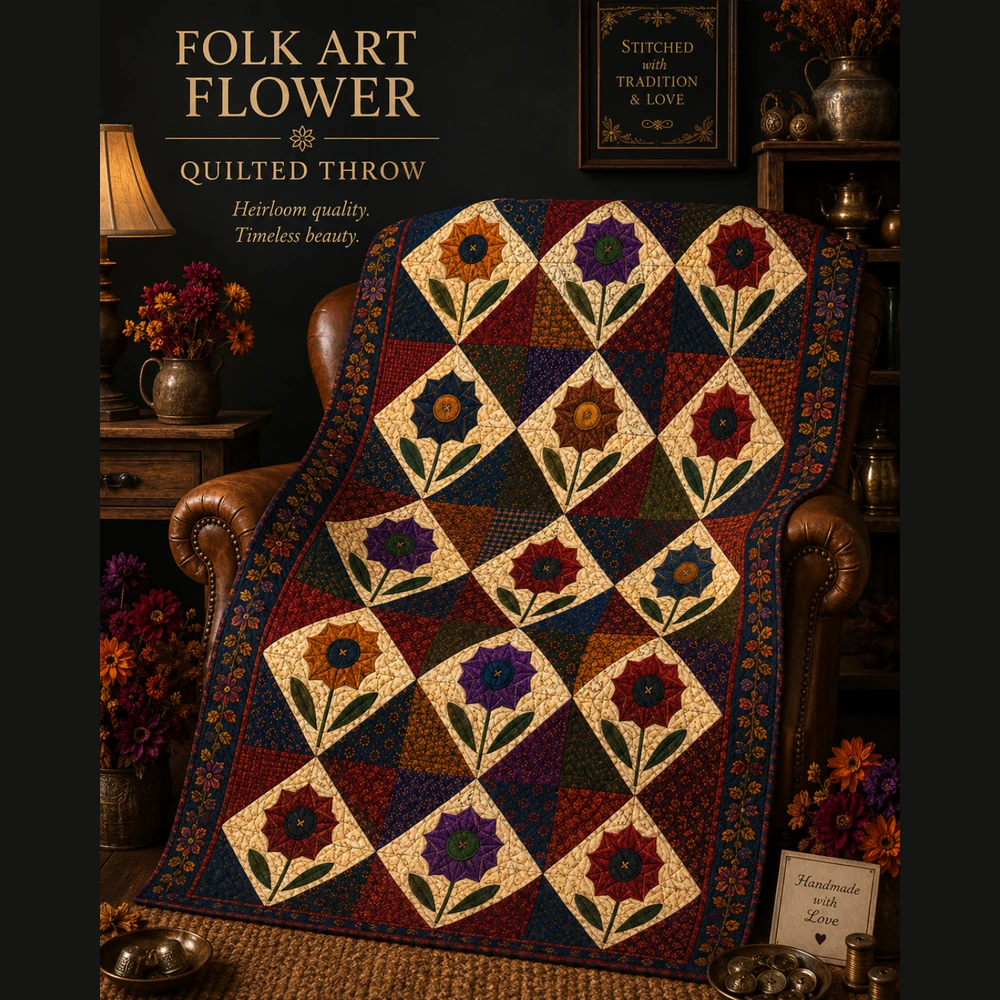 Folk Art Floral Quilted Throw Blanket | Jewel Tone Patchwork Heirloom Quilt