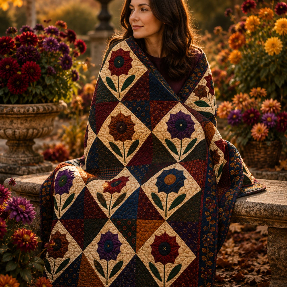 Folk Art Floral Quilted Throw Blanket | Jewel Tone Patchwork Heirloom Quilt