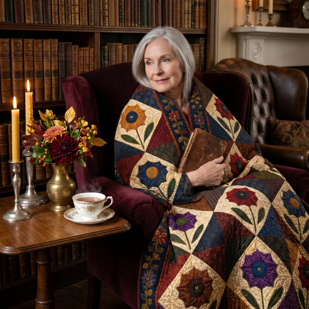 Folk Art Floral Quilted Throw Blanket | Jewel Tone Patchwork Heirloom Quilt