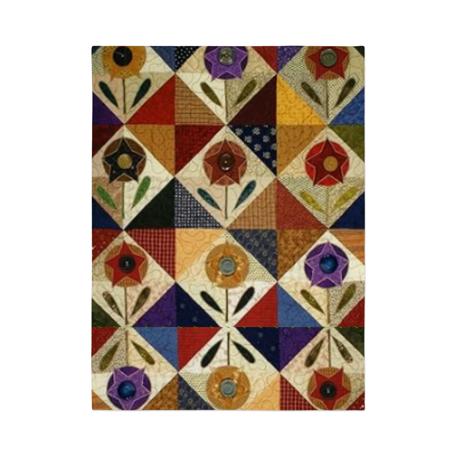 Folk Art Floral Quilted Throw Blanket | Jewel Tone Patchwork Heirloom Quilt