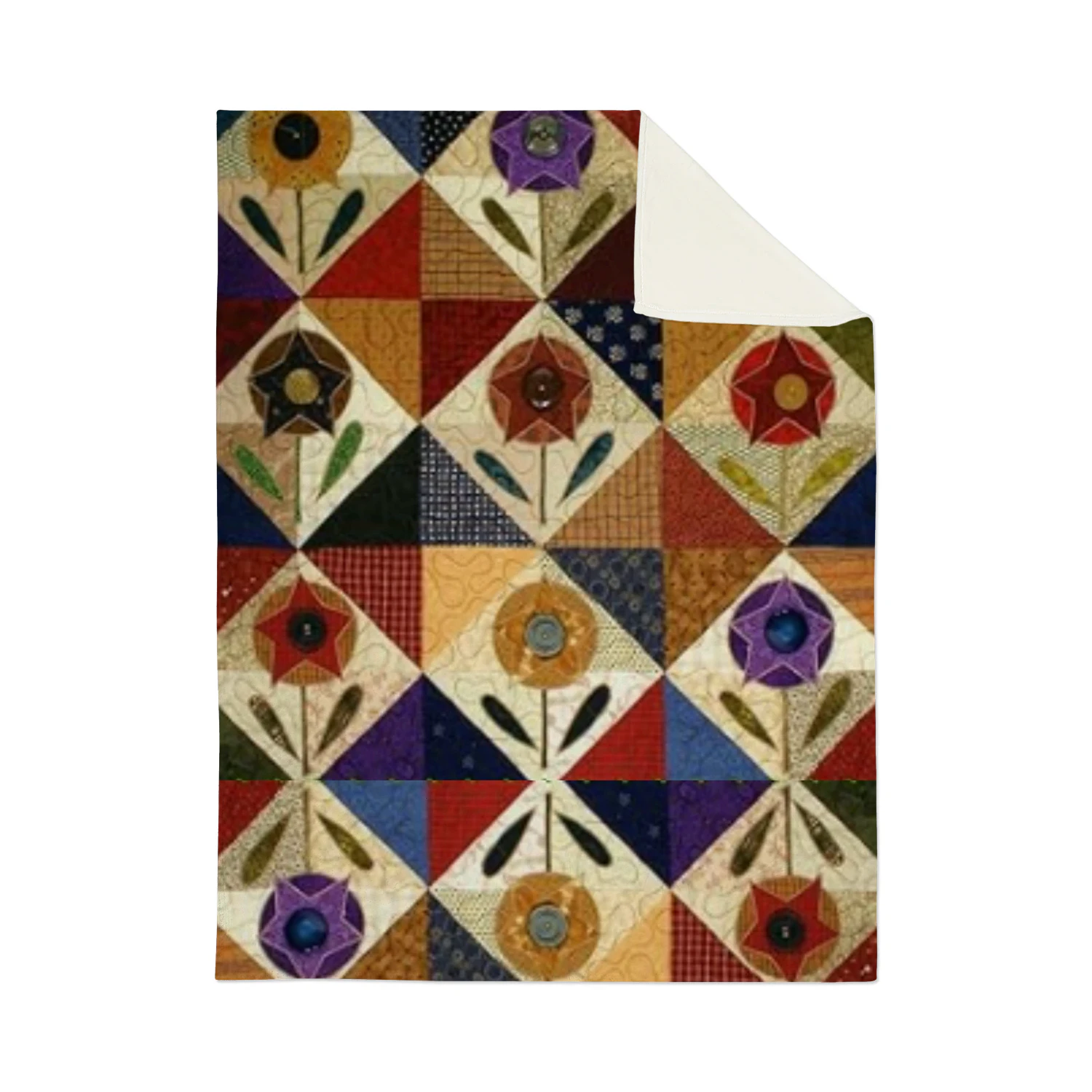 Folk Art Floral Quilted Throw Blanket | Jewel Tone Patchwork Heirloom Quilt