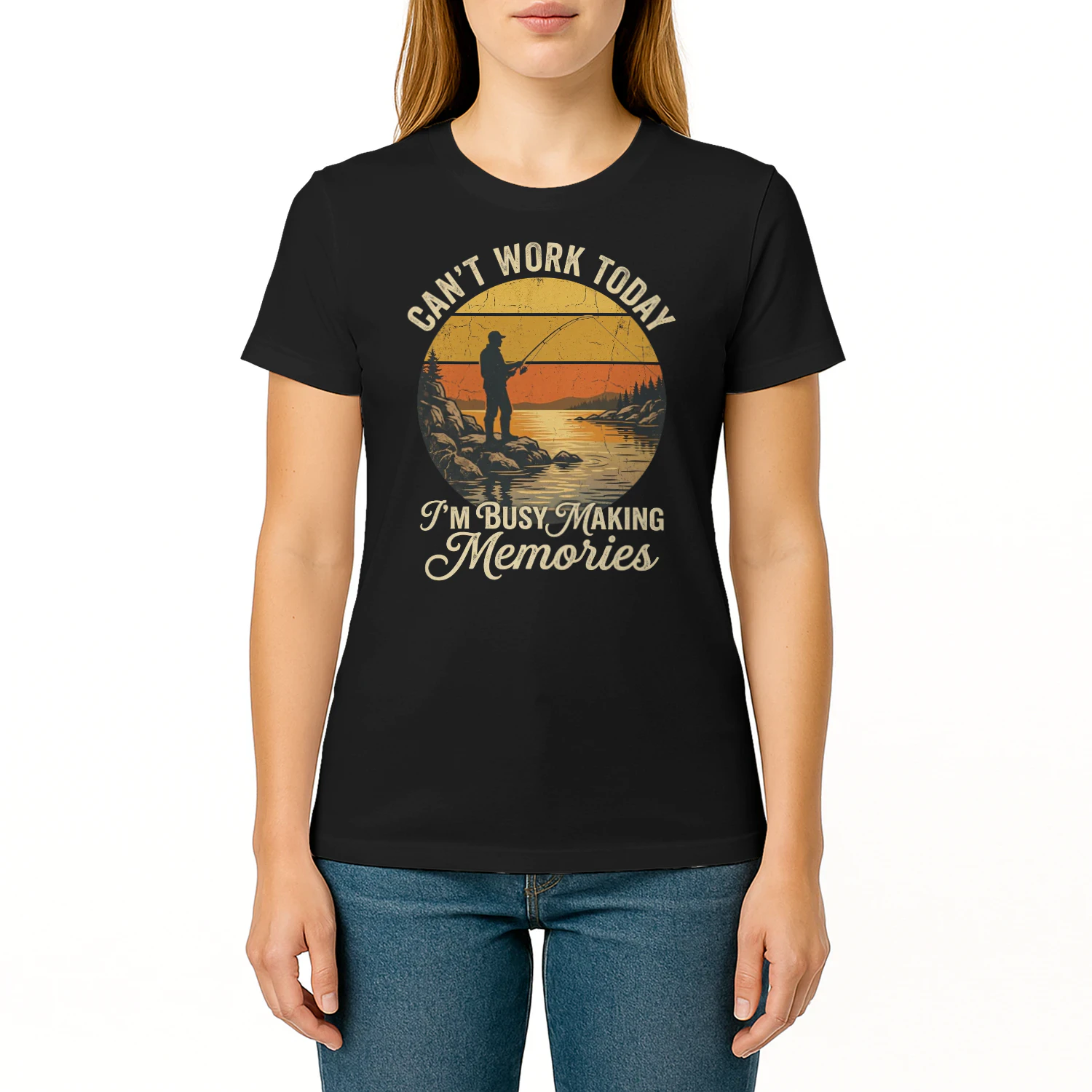 Can't Work Today I'm Busy Making Memories Fishing T-Shirt, Vintage Fisherman Graphic Tee, Funny Fishing Gift for Men