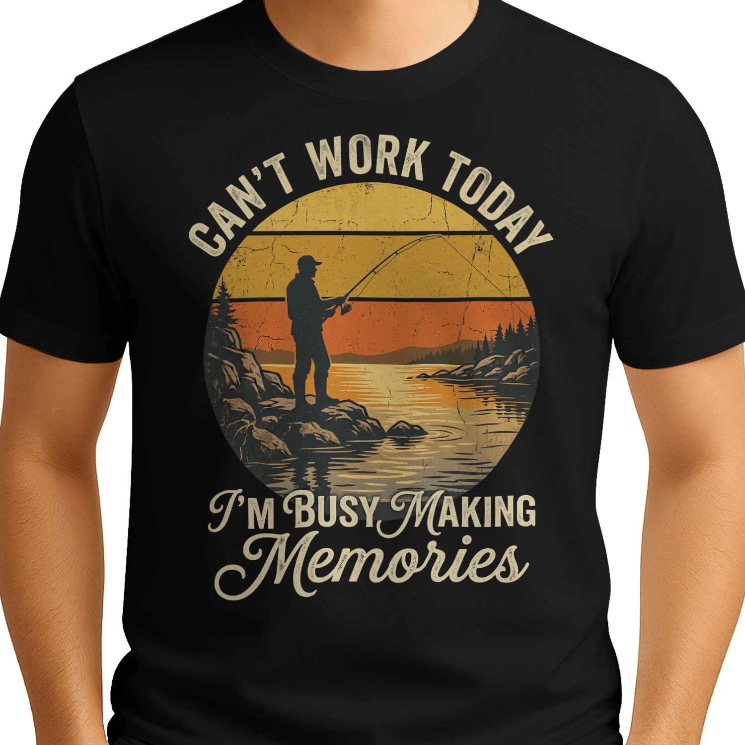 Can't Work Today I'm Busy Making Memories Fishing T-Shirt, Vintage Fisherman Graphic Tee, Funny Fishing Gift for Men