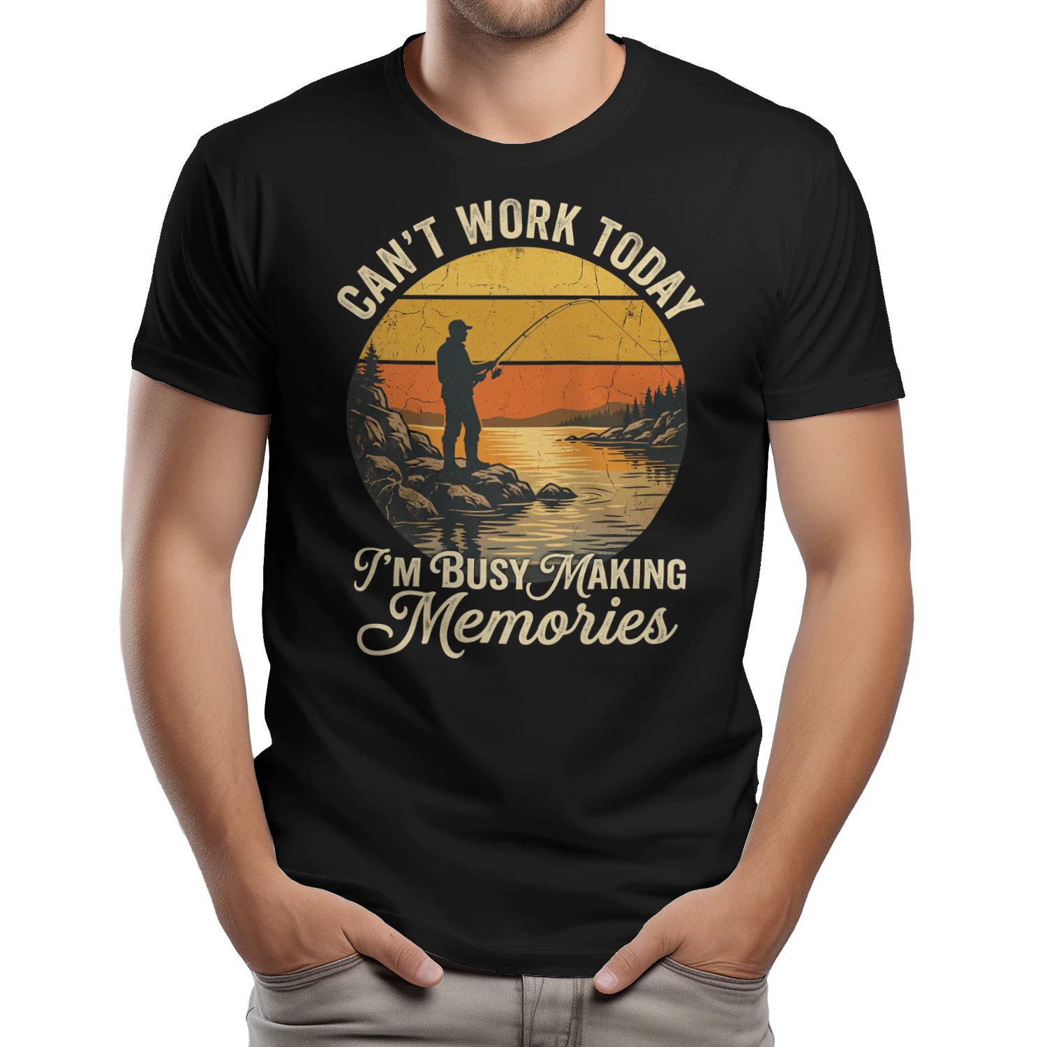 Can't Work Today I'm Busy Making Memories Fishing T-Shirt, Vintage Fisherman Graphic Tee, Funny Fishing Gift for Men