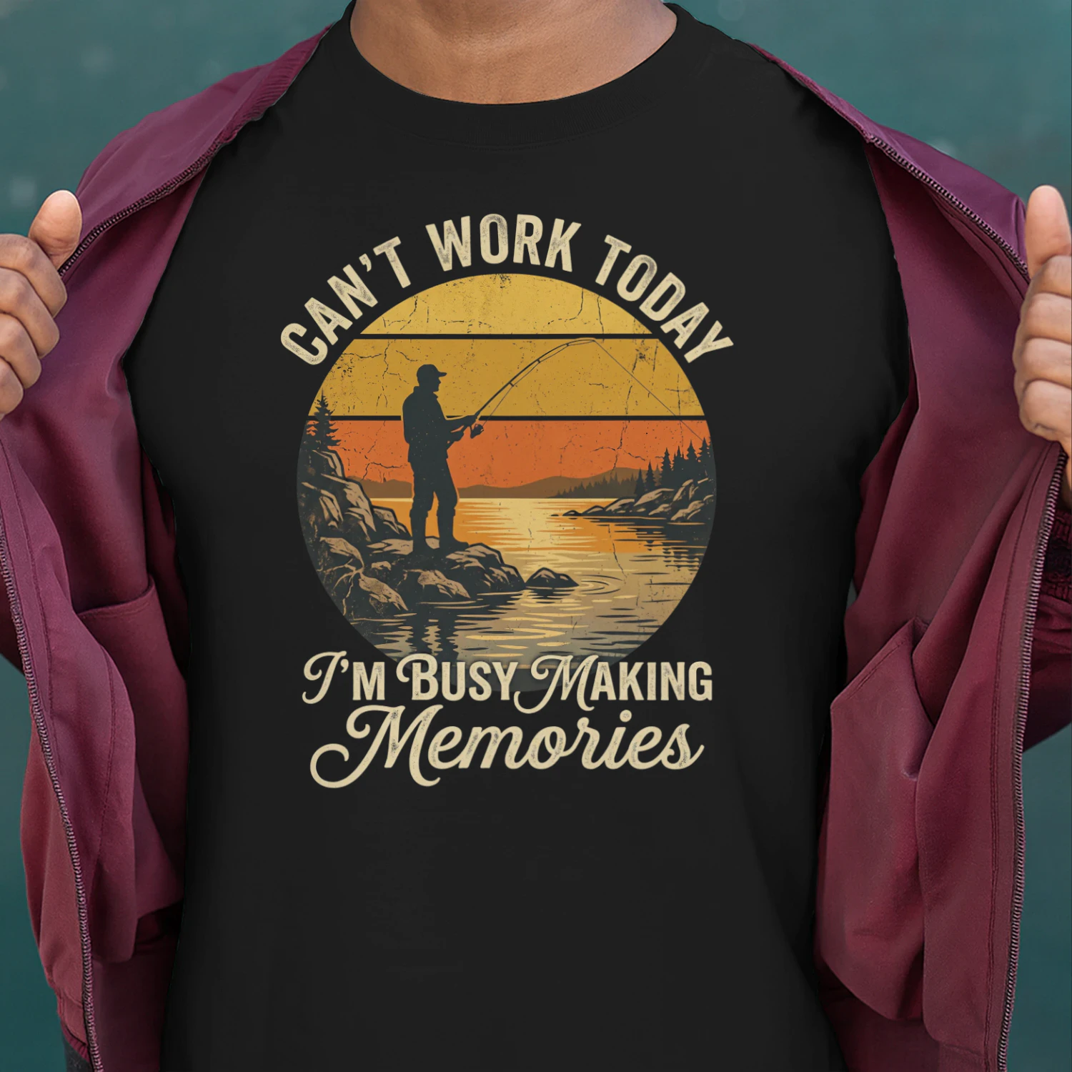Can't Work Today I'm Busy Making Memories Fishing T-Shirt, Vintage Fisherman Graphic Tee, Funny Fishing Gift for Men
