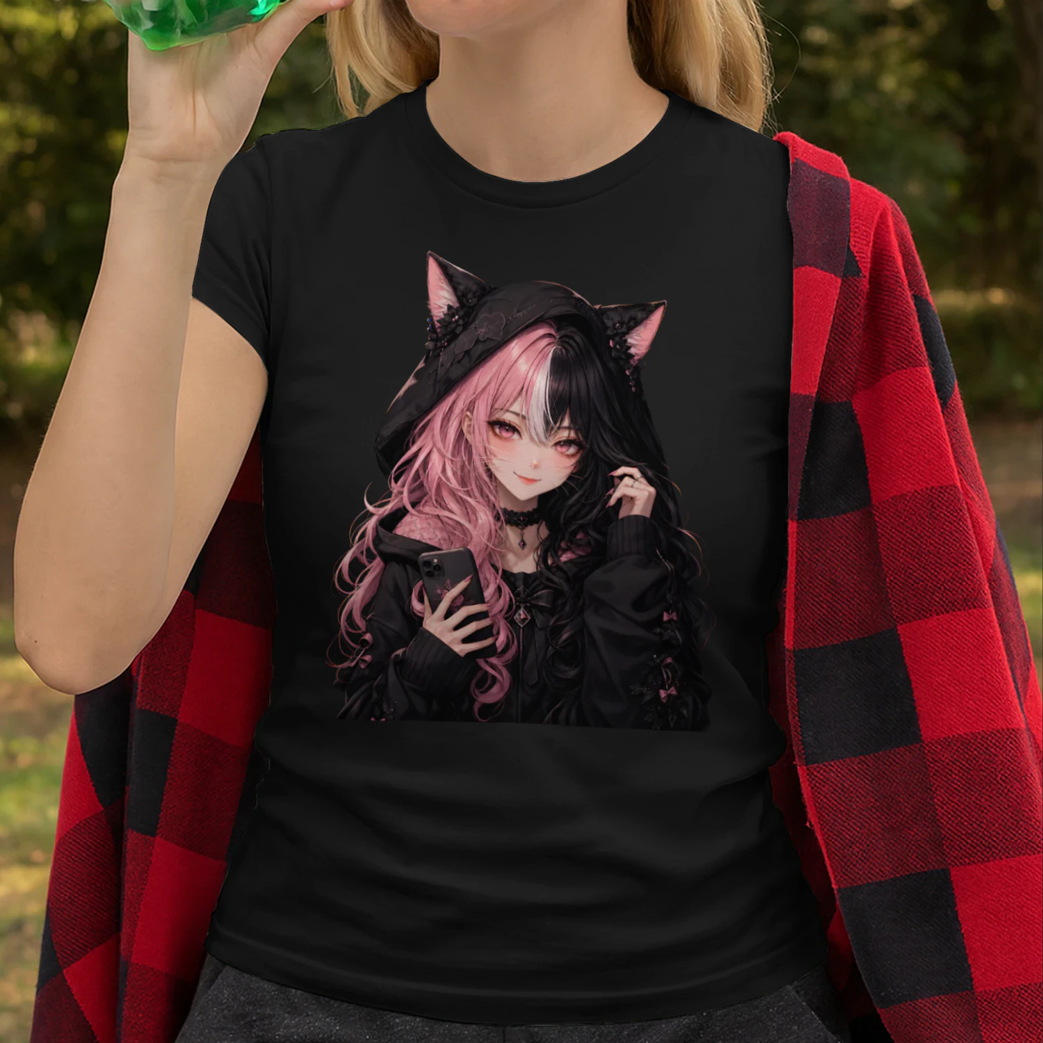 T-shirt - Goth Cat Girl design Anime Katzenohren Kawaii