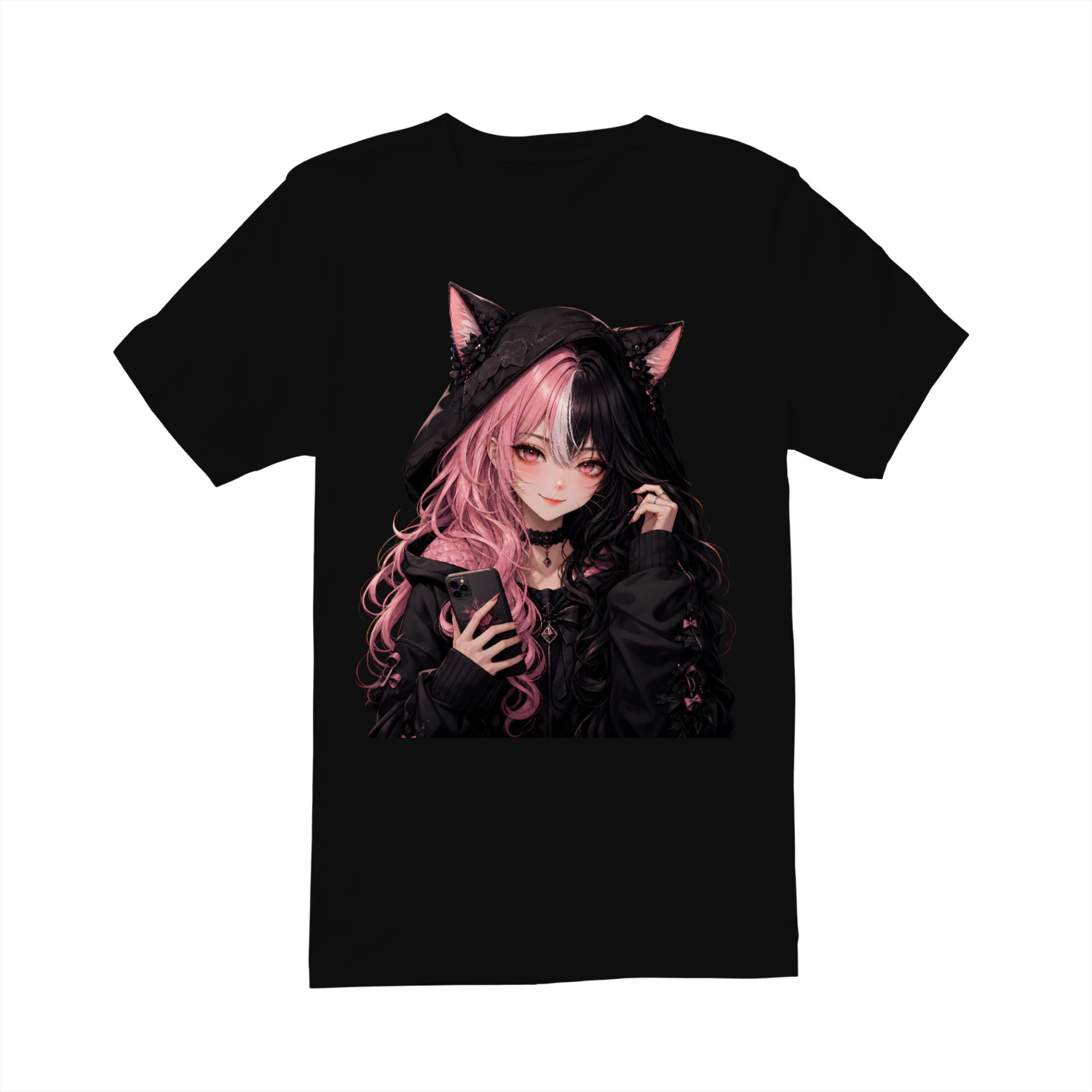 T-shirt - Goth Cat Girl design Anime Katzenohren Kawaii