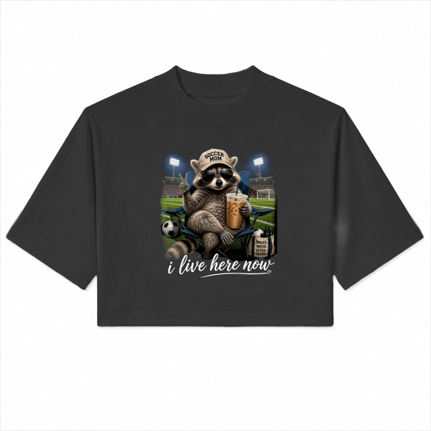 Funny Soccer Mama Raccoon I Live Here Now Field Life