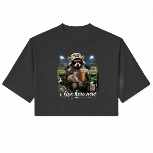 Funny Soccer Mama Raccoon I Live Here Now Field Life