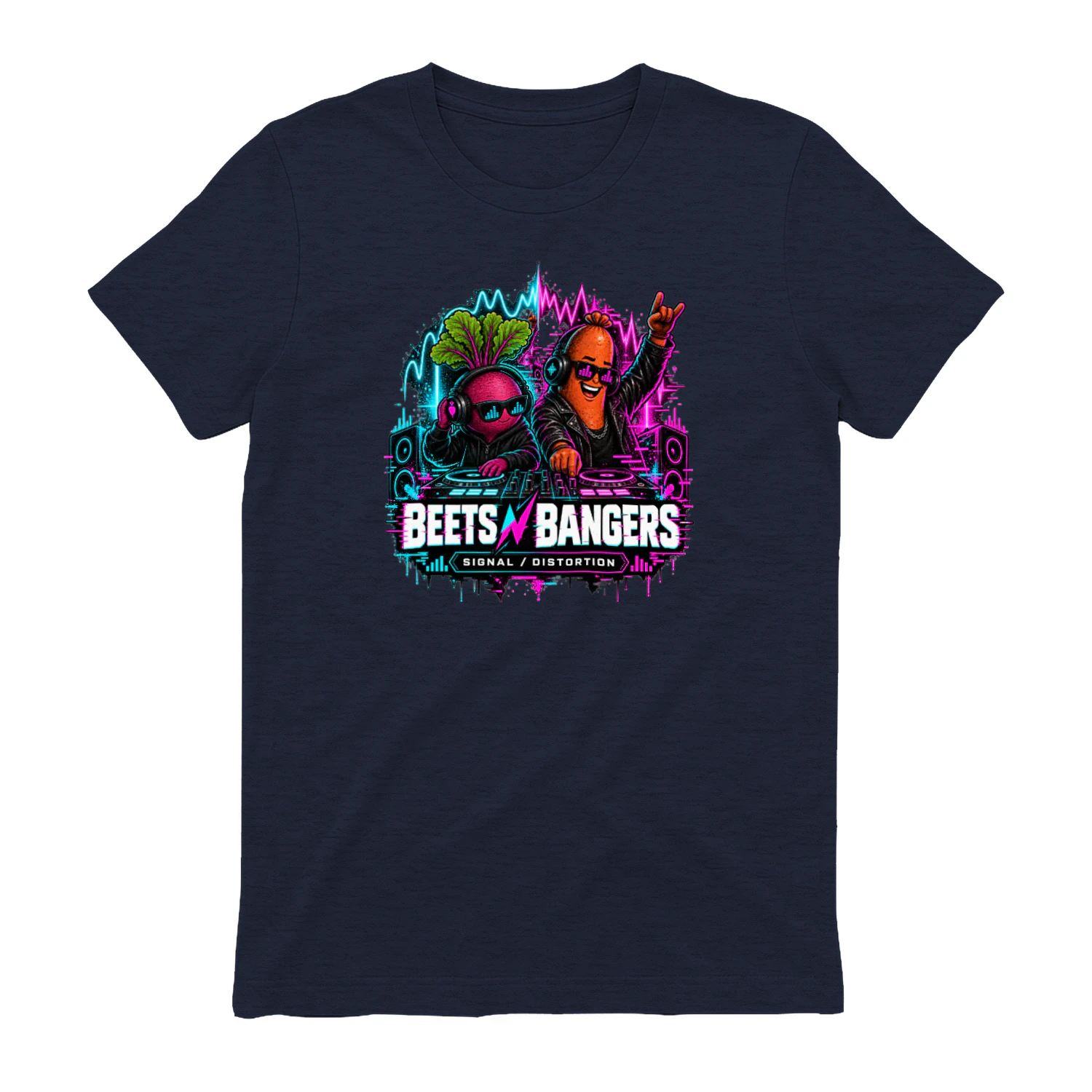 Beets n Bangers - Signal / Distortion design on a Midnight Navy crew neck T-shirt