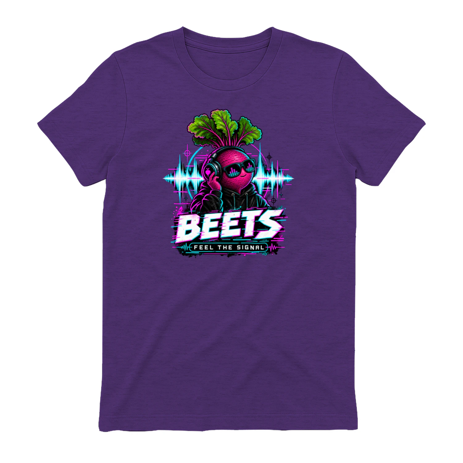 Beets - Feel the Signal design on a Purple Rush crew neck T-shirt