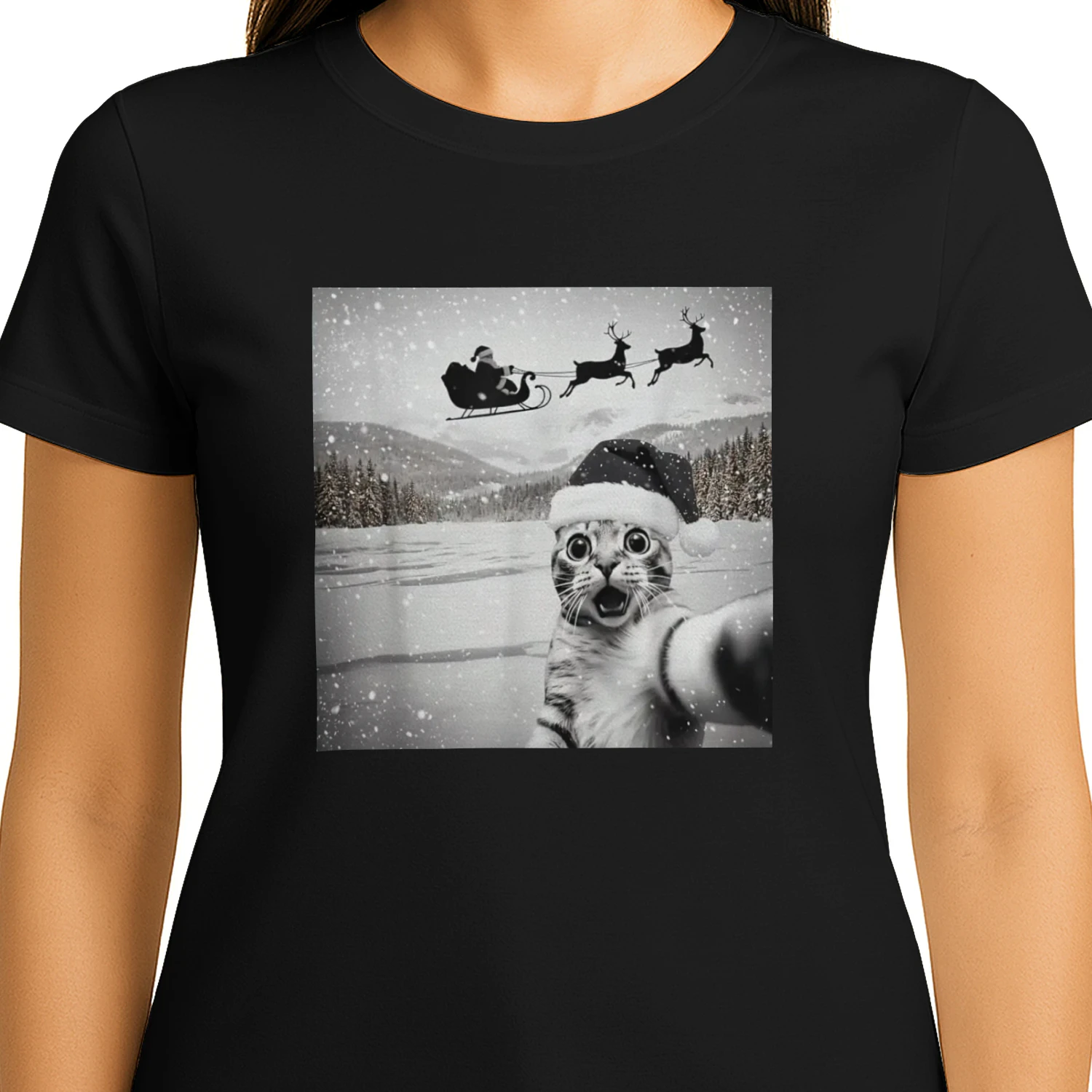 Cat Selfie with Santa Christmas Tee