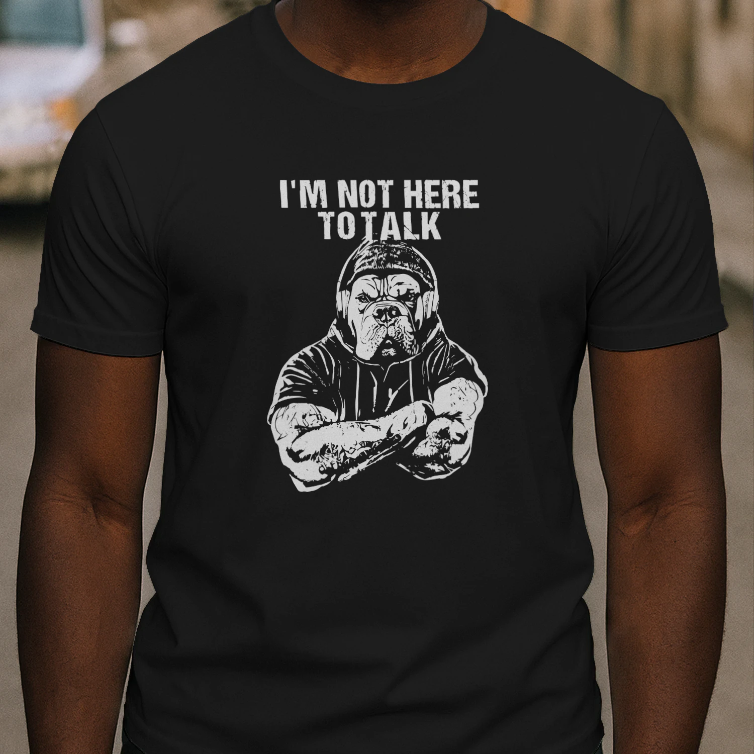 Trevor Rogers Wearing Bulldog I’m Not Here To Talk Shirt