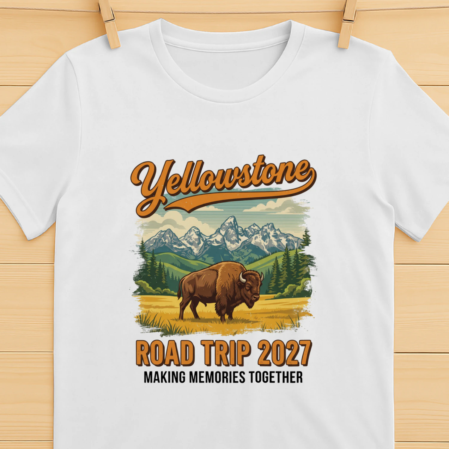 Yellowstone National Park Road Trip 2027 Art _ Retro Bison & Mountain Vacation Graphic