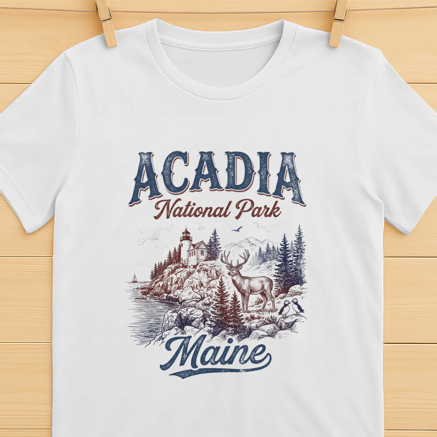 Acadia National Park Maine Vintage Coastal Art _ Bass Harbor Lighthouse, Deer & Puffins Graphic