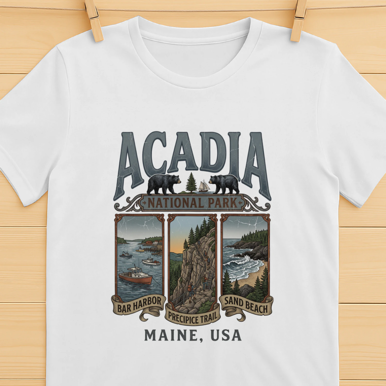 Acadia National Park Retro Poster Art _ Bar Harbor, Precipice Trail, Sand Beach Maine Hiking Design