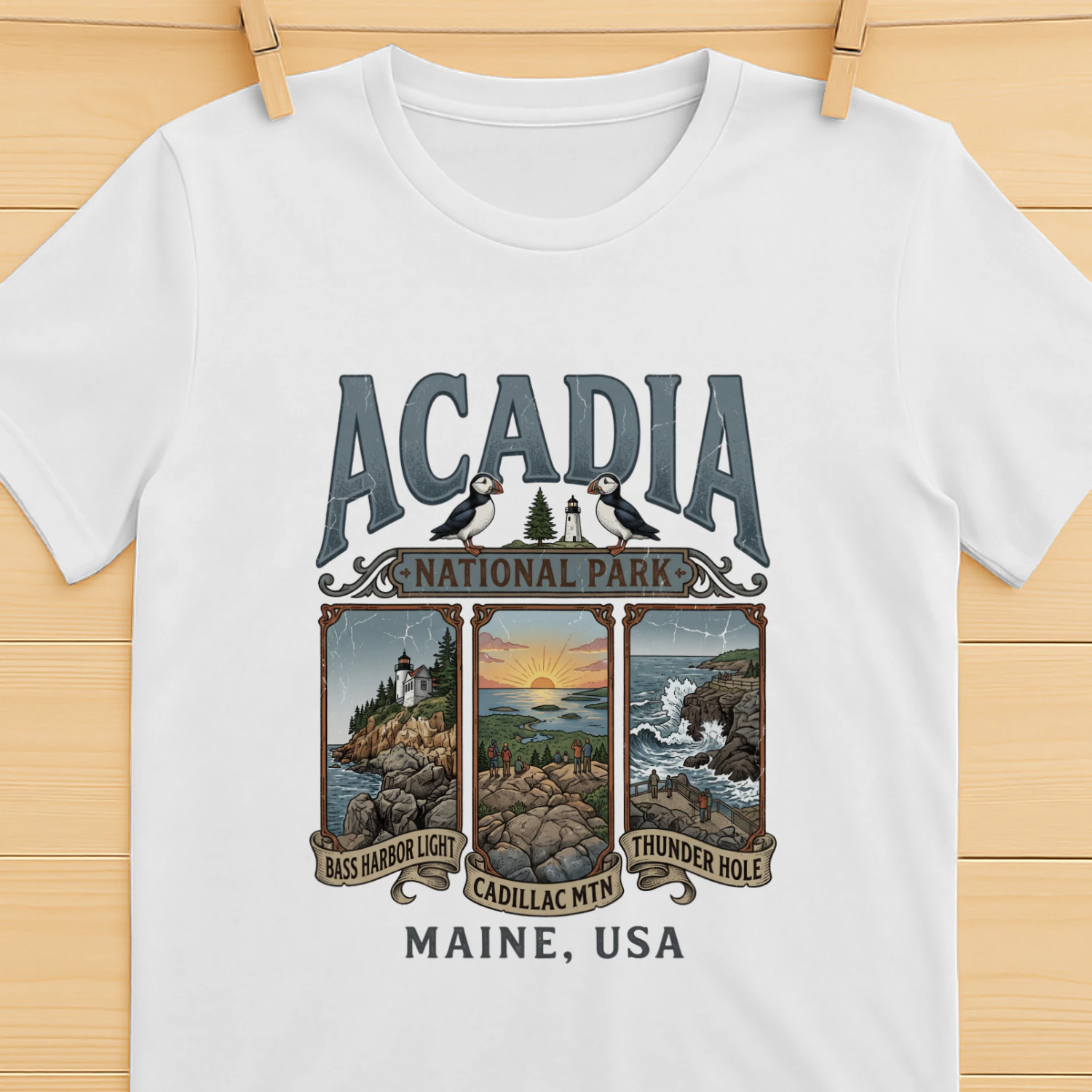 Acadia National Park Maine Vintage Triptych Art _ Bass Harbor Light, Cadillac Mtn & Thunder Hole