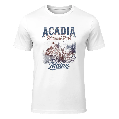 Acadia National Park Maine Vintage Coastal Art _ Bass Harbor Lighthouse, Deer & Puffins Graphic