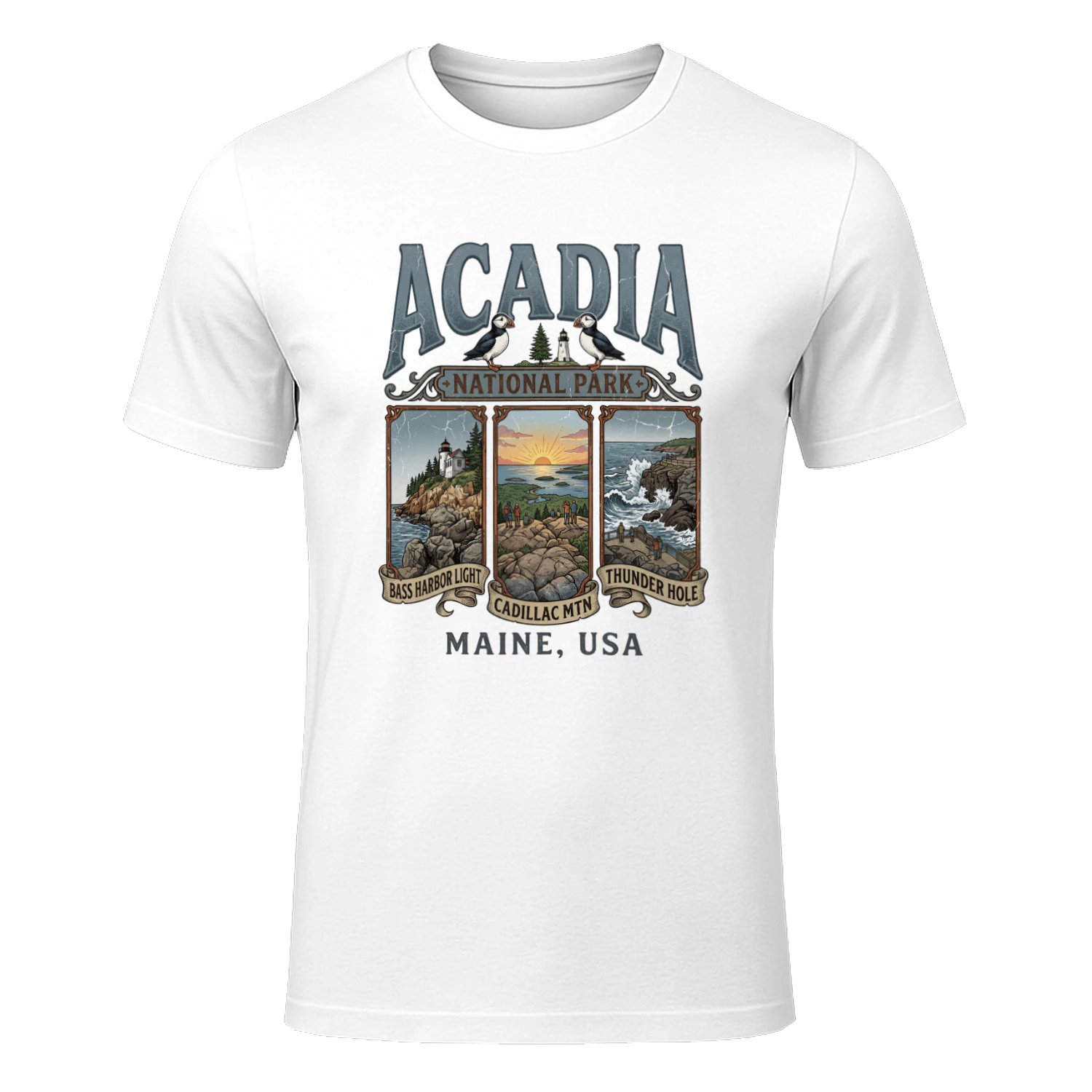 Acadia National Park Maine Vintage Triptych Art _ Bass Harbor Light, Cadillac Mtn & Thunder Hole