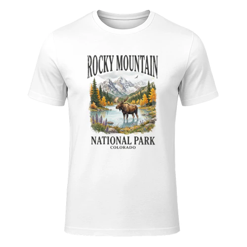 Rocky Mountain National Park Colorado Vintage Art _ Bull Moose & Alpine Lake Hiking Graphic