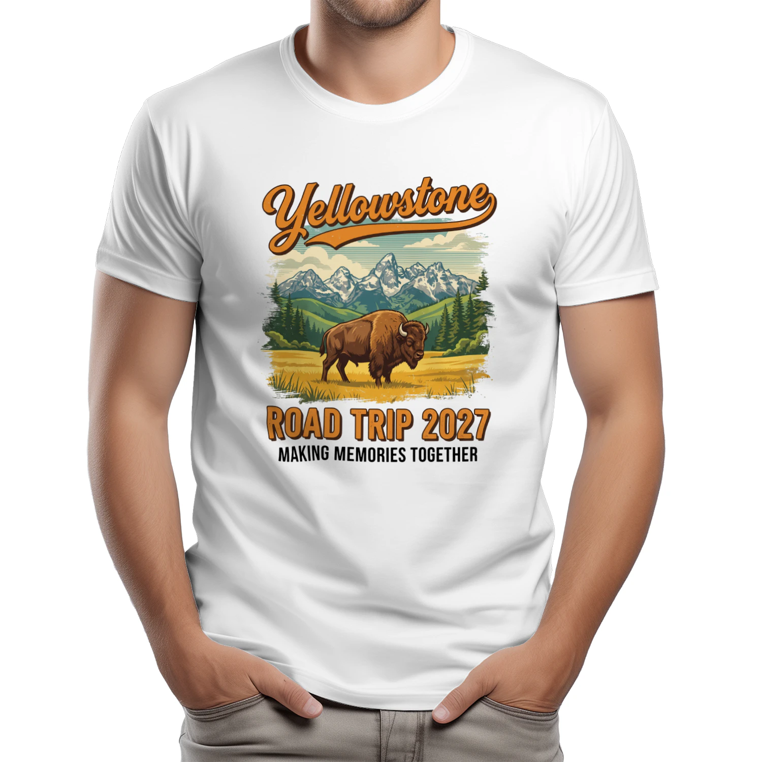 Yellowstone National Park Road Trip 2027 Art _ Retro Bison & Mountain Vacation Graphic