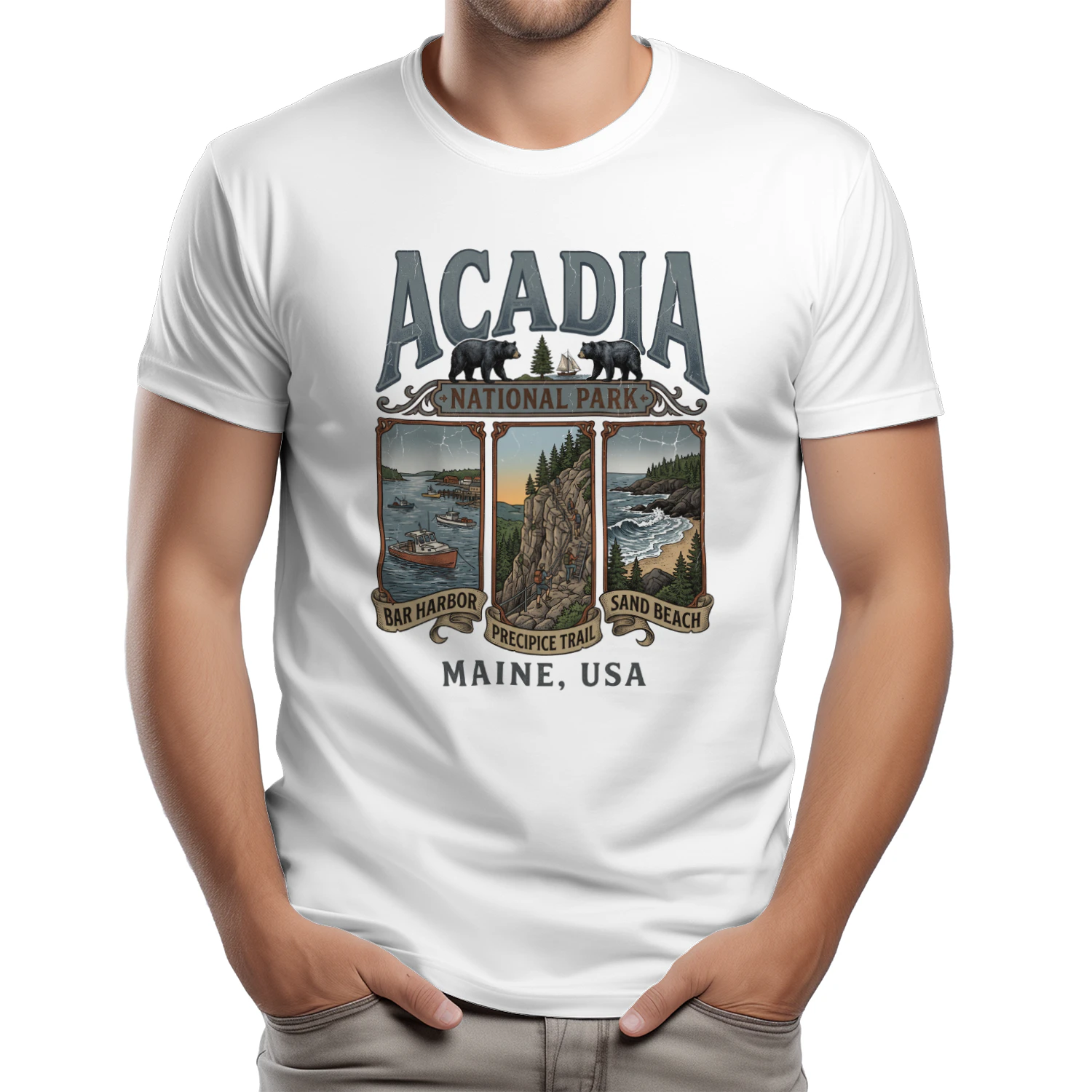 Acadia National Park Retro Poster Art _ Bar Harbor, Precipice Trail, Sand Beach Maine Hiking Design